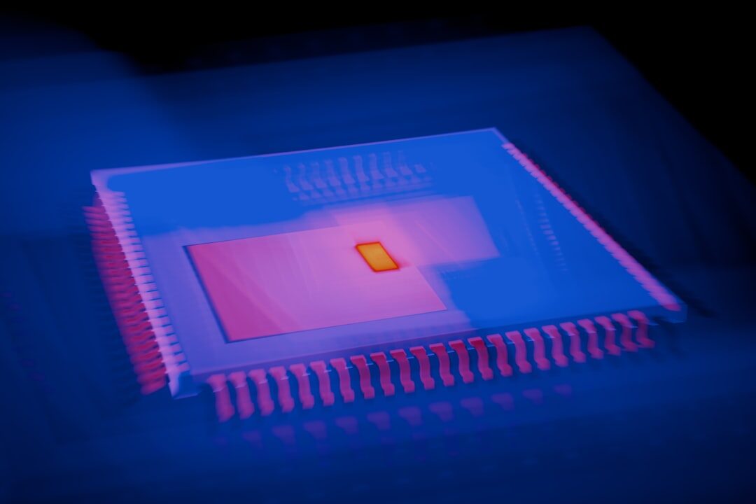 Electronic circuit board with glowing blue microchips representing AI processing